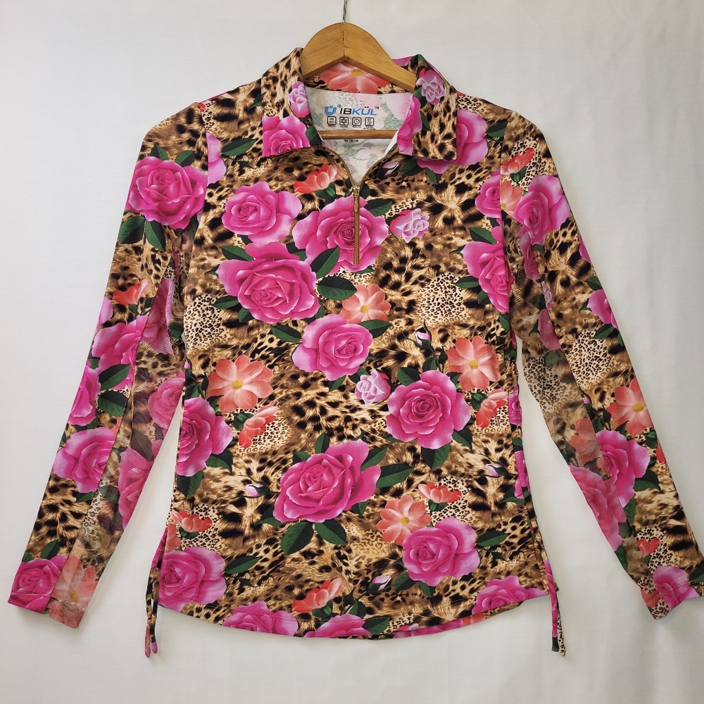 IBKUL Jovanna Quarter Zip Ruched Sides Top Women's Size Small Floral Leopard - Picture 1 of 8